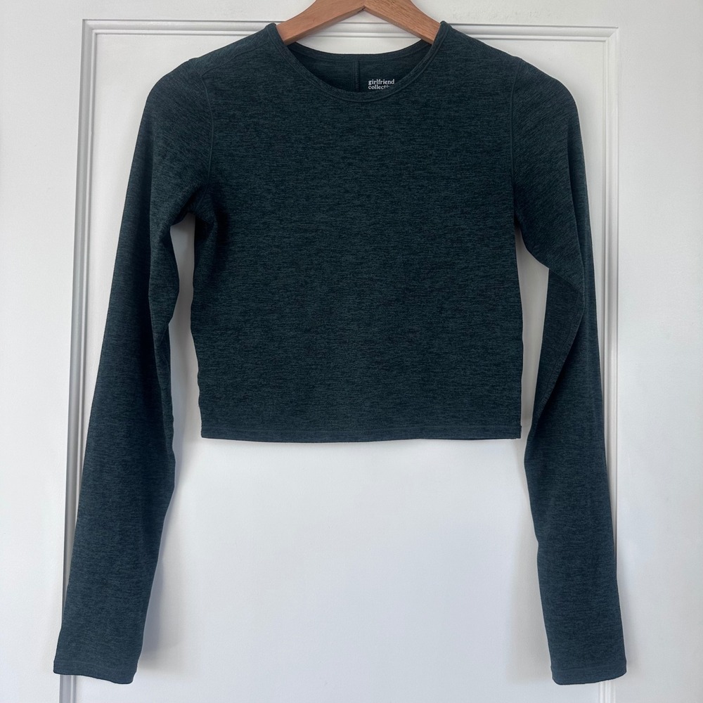 Girlfriend Collective Womens XS Long Sleeve Crop Top Heathered‎ Green Activewear